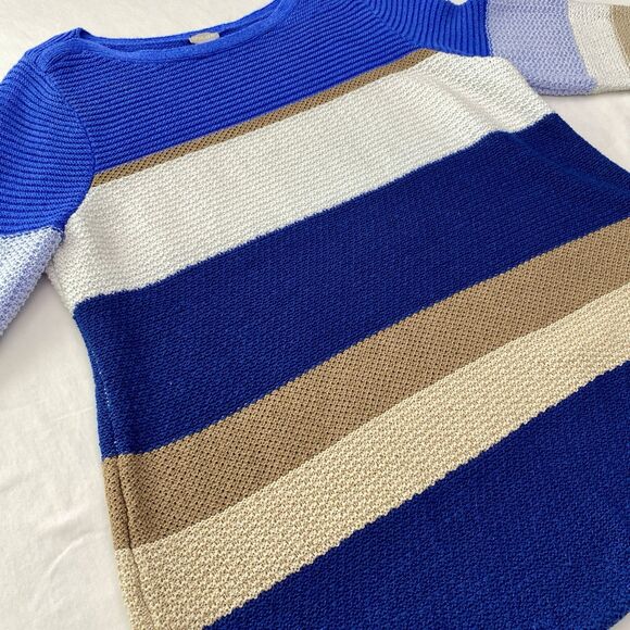 Chicos Striped Sweater 3/4 Sleeve Pullover Knit Blue White Tan Size XL 3 - Picture 3 of 8